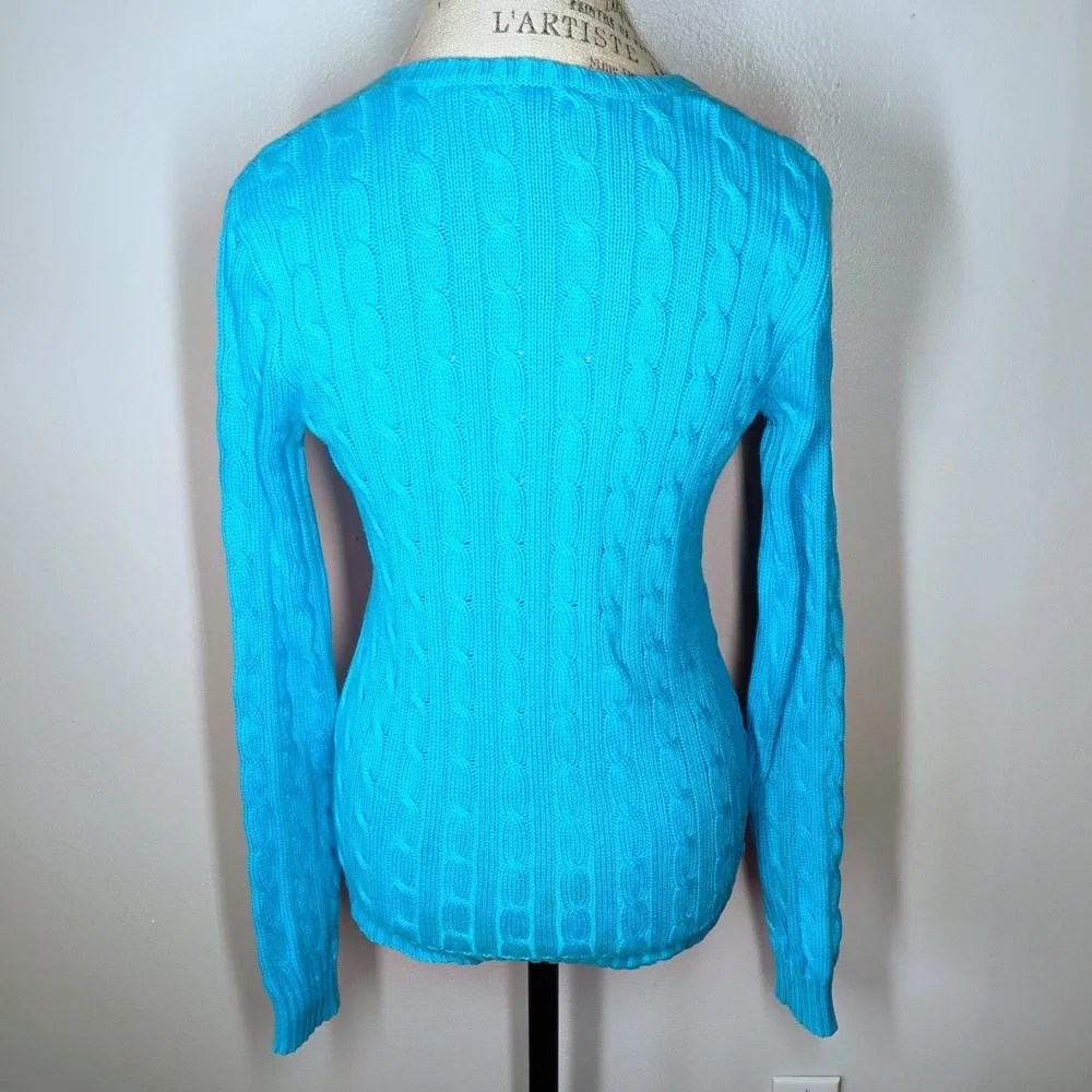 Ralph Lauren Sport Cable Knit Sweater Womens Medium Blue Yellow Pony Logo Preppy